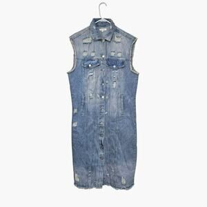 Carole Christian Long Sleeveless Distressed Denim Dress Button-Up Size Large